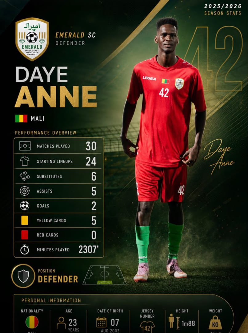 Daye Anne, défenseur à l'Emerald SC (Dubaï)